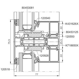 Aluprof MB-77hi Kämpfersprosse 75,5 mm Detailzeichnung