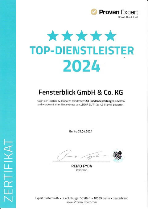 Top-Dienstleister 2024 von ProvenExpert - fensterblick.de