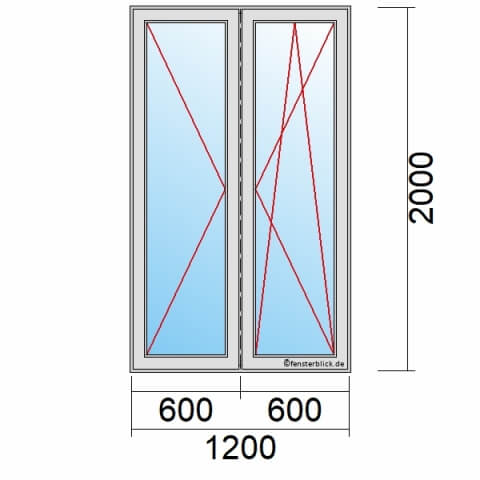 Balkontür 120x200 cm 2-flügelig Dreh-Links & Dreh-Kipp-Rechts mit Stulp technische Details