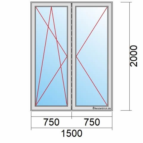 Balkontür 150x200 cm 2-flügelig Dreh-Kipp-Links & Dreh-Rechts mit Stulp technische Details