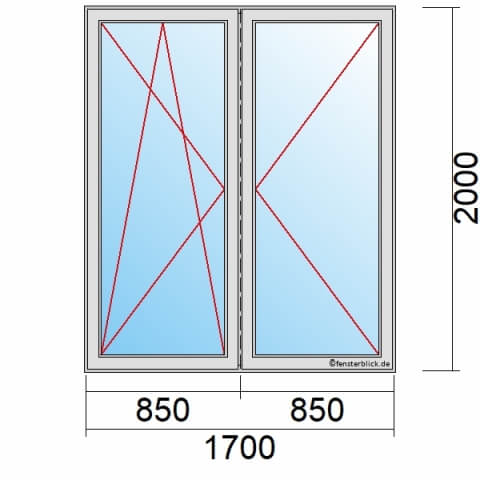 Balkontür 170x200 cm 2-flügelig Dreh-Kipp-Links & Dreh-Rechts mit Stulp technische Details