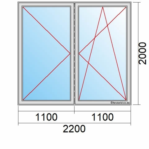 Balkontür 220x200 cm 2-flügelig Dreh-Links & Dreh-Kipp-Rechts mit Stulp technische Details