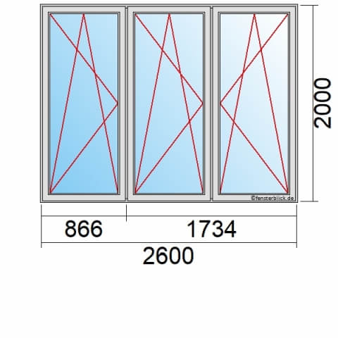 Balkontür 260x200 cm 3-flügelig Dreh-Kipp-Links, Dreh-Kipp-Links & Dreh-Kipp-Rechts technische Details