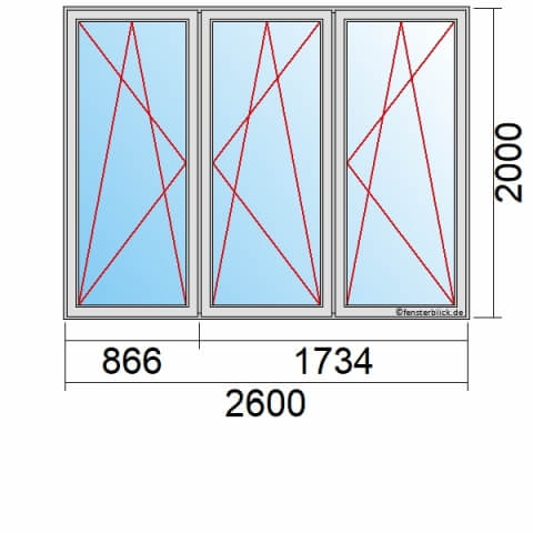 Balkontür 260x200 cm 3-flügelig Dreh-Kipp-Links, Dreh-Kipp-Rechts & Dreh-Kipp-Rechts technische Details