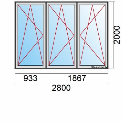 Balkontür 280x200 cm 3-flügelig Dreh-Kipp-Links, Dreh-Kipp-Links & Dreh-Kipp-Rechts technische Details