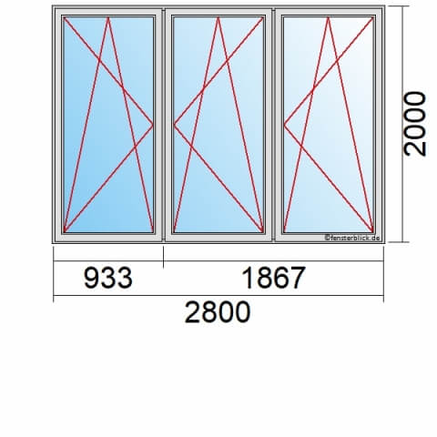 Balkontür 280x200 cm 3-flügelig Dreh-Kipp-Links, Dreh-Kipp-Rechts & Dreh-Kipp-Rechts technische Details