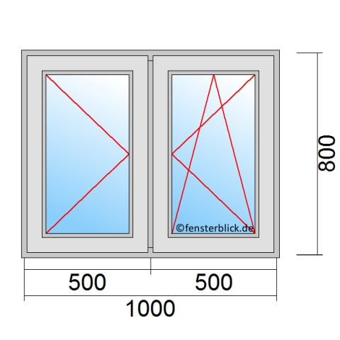 Zweiflügeliges Fenster 100x80 cm Dreh-Links & Dreh-Kipp-Rechts Öffnung