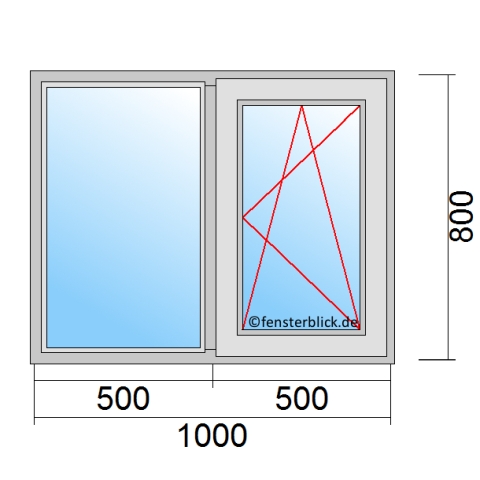 Zweiflügeliges Fenster 100x80 cm mit Festverglasung im Rahmen & Dreh-Kipp-Rechts Öffnung