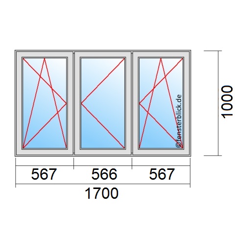 Dreiflügeliges Fenster 170x100 cm mit Dreh-Kipp-Links & Festverglasung im Rahmen & Dreh-Kipp-Rechts Öffnung