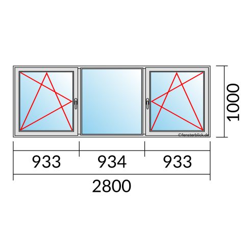 Fenster 2800x1000mm 3 flg Fenster DKL/Fest/DKR technische Details