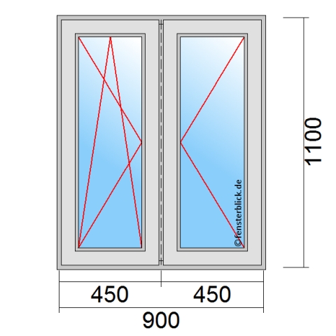 Zweiflügeliges Fenster 90x110 cm mit Dreh-Kipp-Links & Dreh-Rechts Öffnung & Stulp