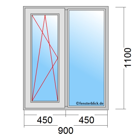 Zweiflügeliges Fenster 90x110 cm mit Dreh-Kipp-Links & Festverglasung im Rahmen