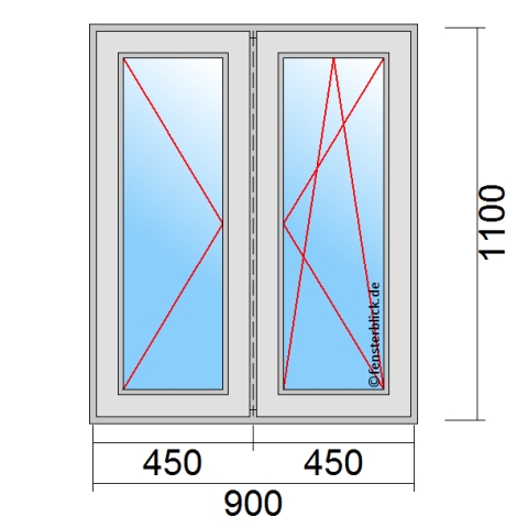 Zweiflügeliges Fenster 90x110 cm mit Dreh-Links & Dreh-Kipp-Rechts Öffnung & Stulp