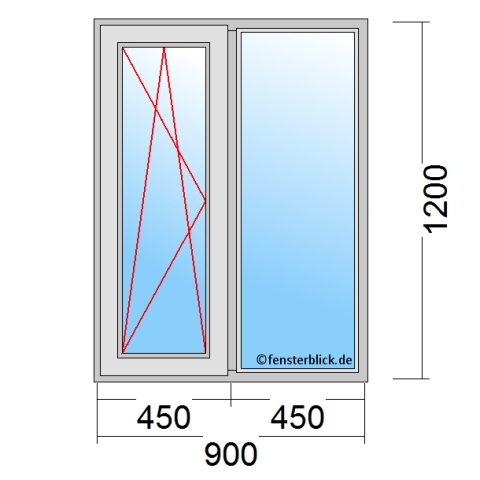 Zweiflügeliges Fenster 90x120 cm mit Dreh-Kipp-Links Öffnung & Festverglasung im Rahmen