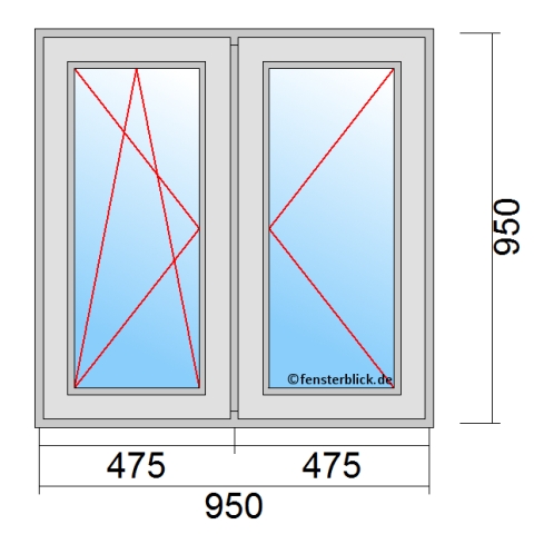 Zweiflügeliges Fenster 95x95 cm mit Dreh-Kipp-Links Öffnung & Dreh-Rechts Öffnung