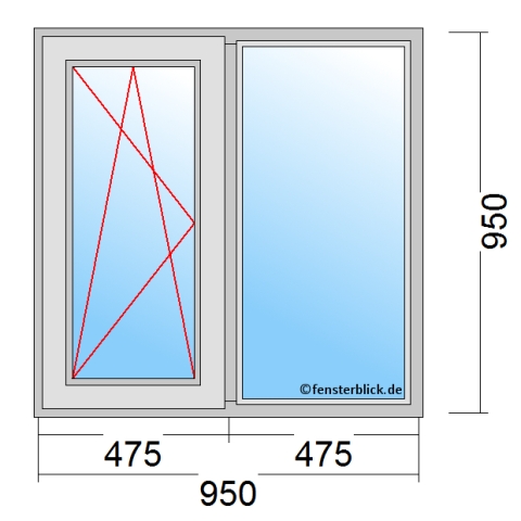 Zweiflügeliges Fenster 95x95 cm mit Dreh-Kipp-Links & Festverglasung im Rahmen