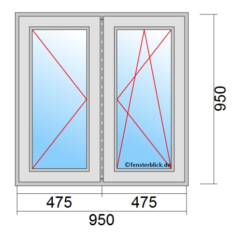 Zweiflügeliges Fenster 95x95 cm mit Dreh-Links & Dreh-Kipp-Rechts Öffnung & Stulp