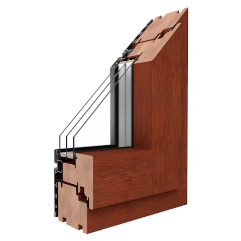 Holz-Alufenster Profil aus Merantiholz mit Teak-Lasur