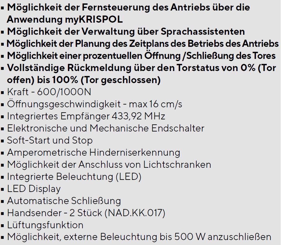 Krispol Sektionaltor Antrieb Motor Starcus K10 Pro Details