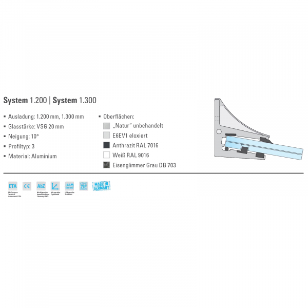 Glassline CANOPY cloud System 1300 Vordach aus Glas Technische Details